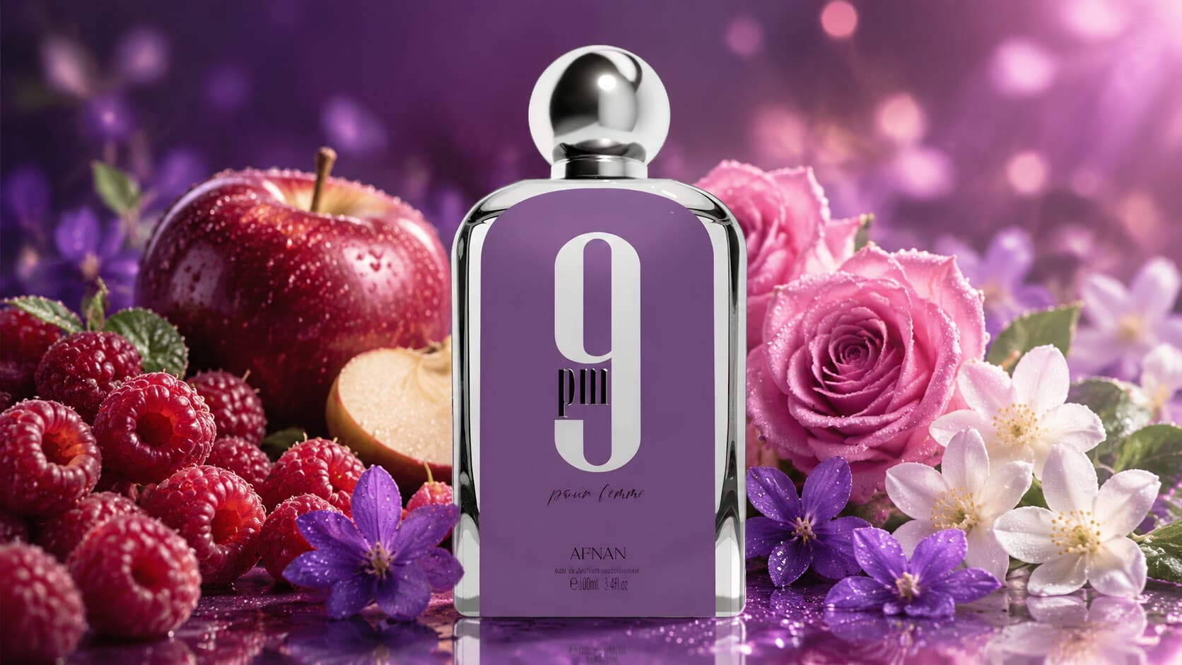 Afnan 9PM Pour Femme fragrance bottle with raspberry, violet, and rose