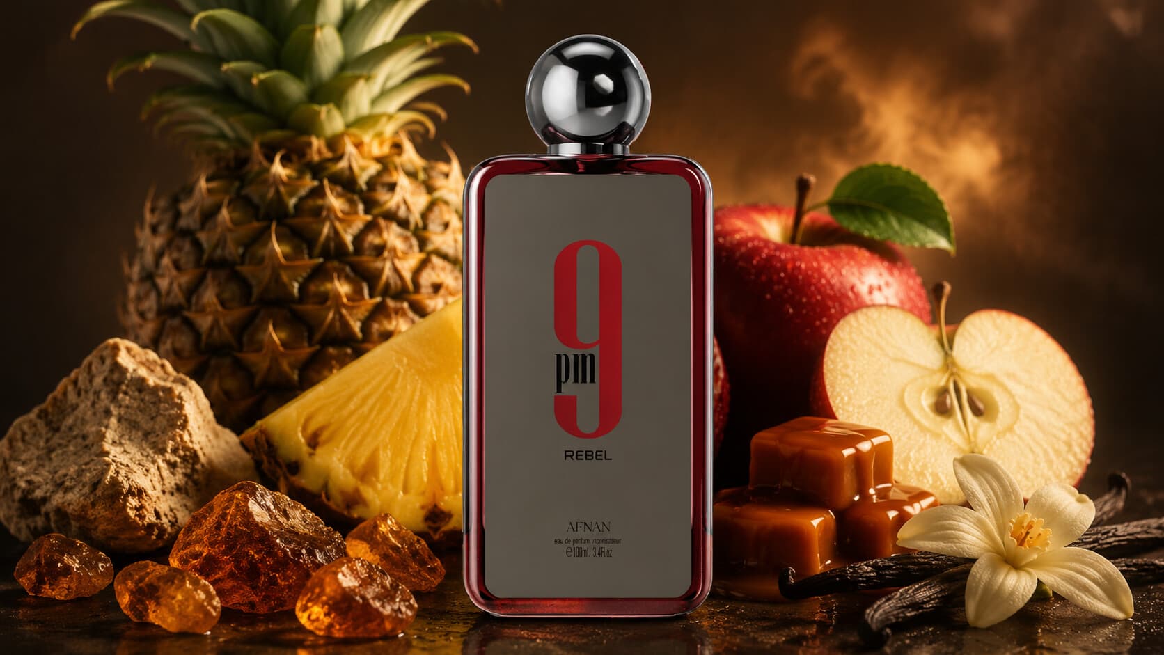 Afnan 9PM Rebel fragrance bottle with pineapple, apple, and caramel
