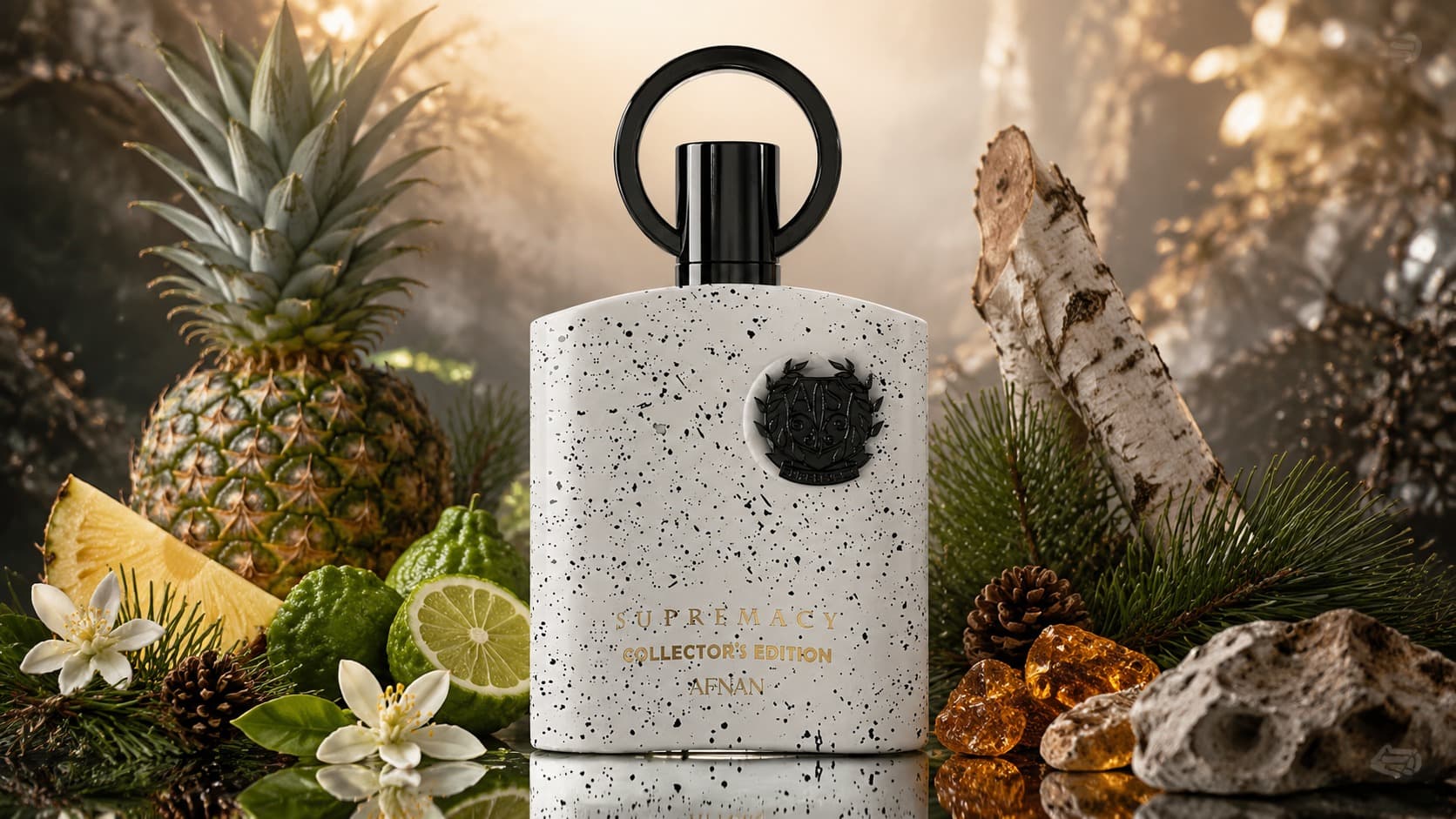 Afnan Supremacy Collector's Edition bottle with pineapple, bergamot, and birch wood