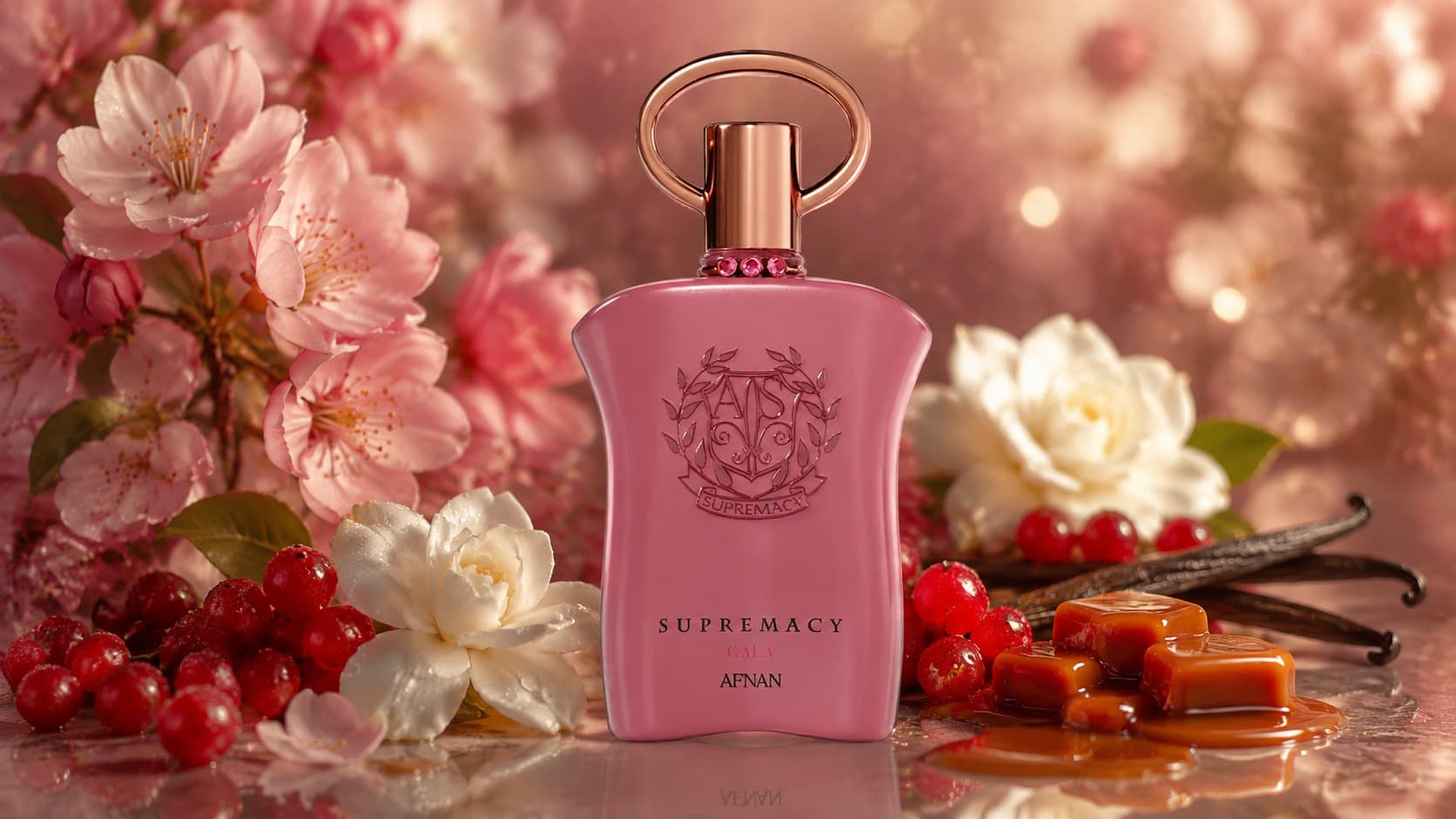 Afnan Supremacy Gala bottle with pear blossom, gardenia, and caramel