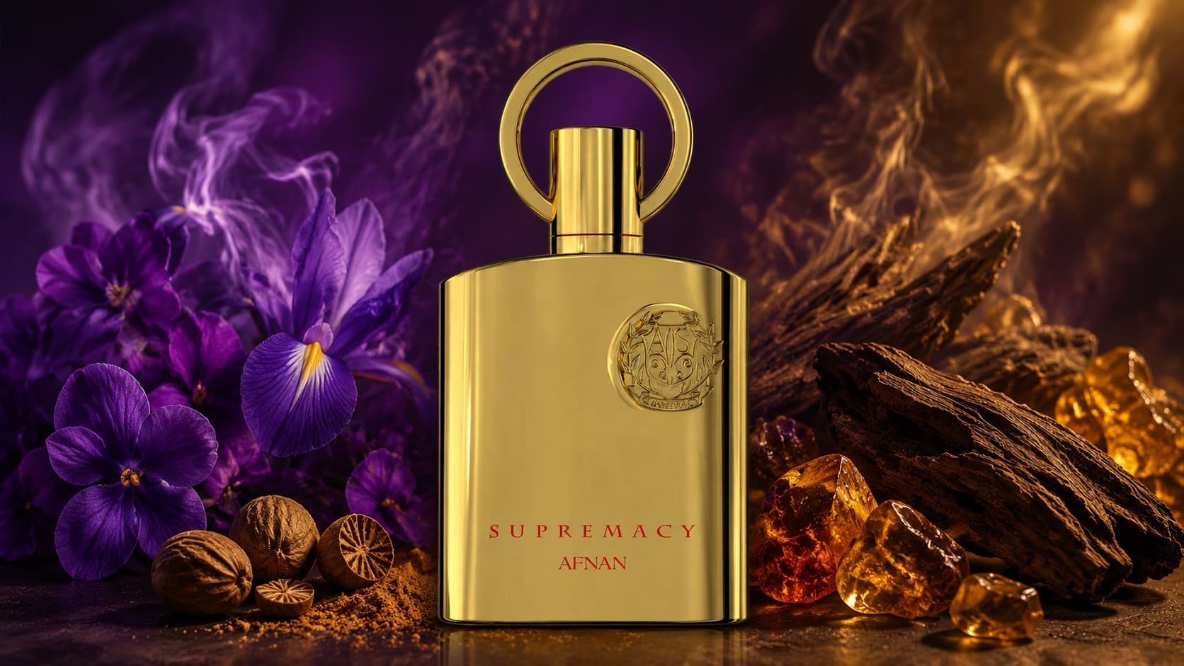 Afnan Supremacy Gold bottle with violet, iris, and amber