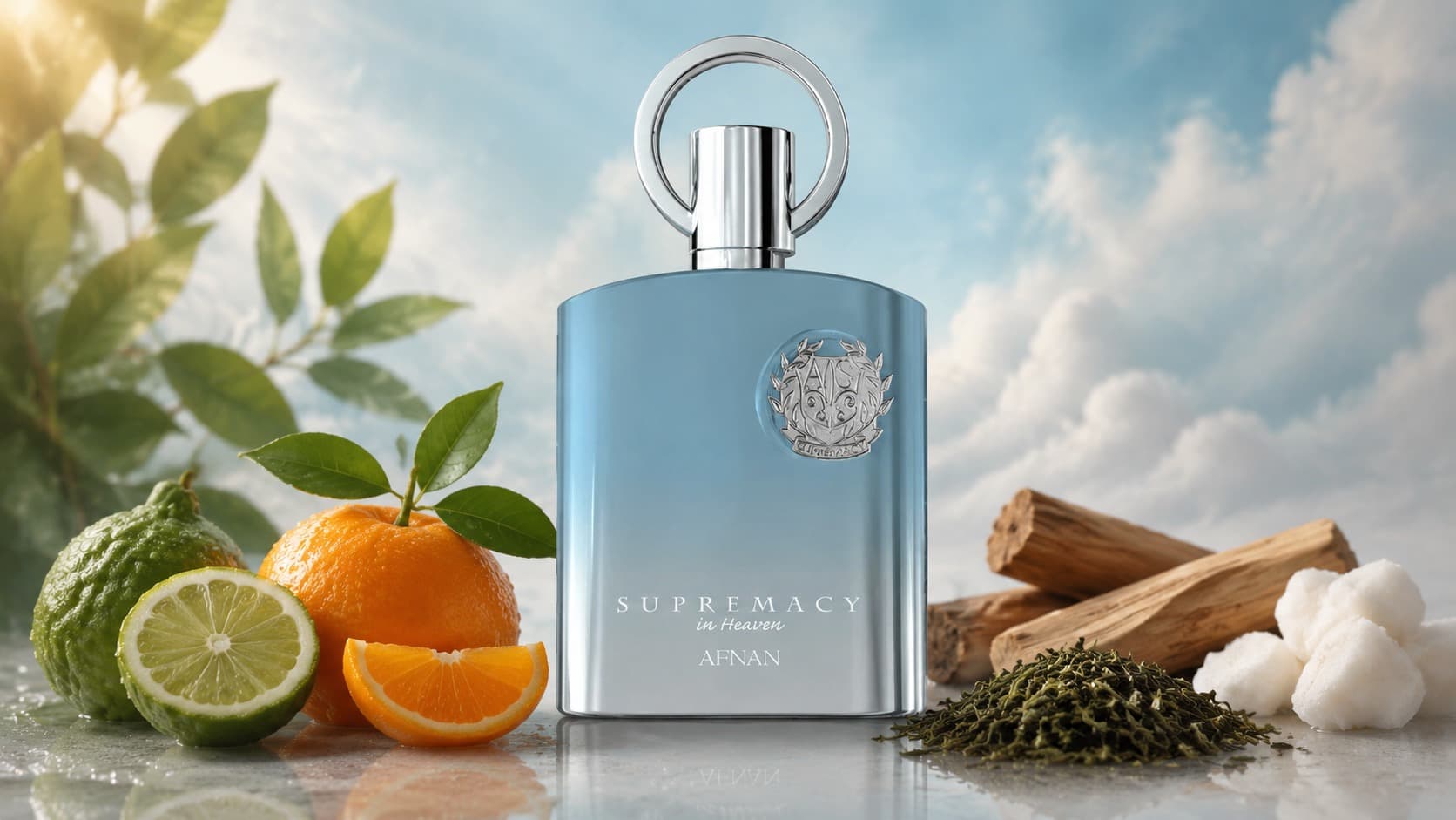 Afnan Supremacy In Heaven bottle with mandarin orange, green tea, and sandalwood