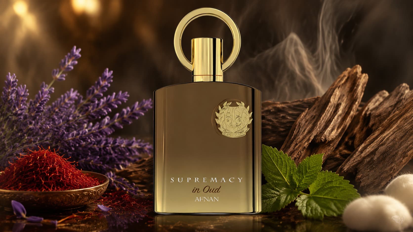 Afnan Supremacy In Oud bottle with saffron, lavender, and agarwood