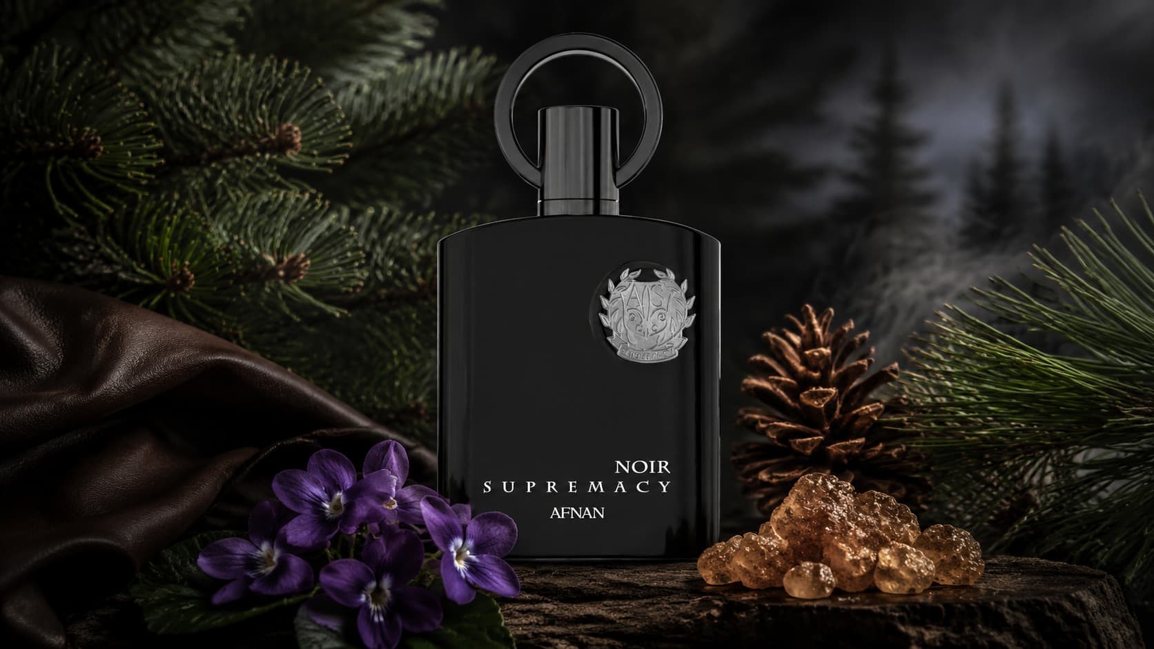 Afnan Supremacy Noir bottle with violet, pine, and leather