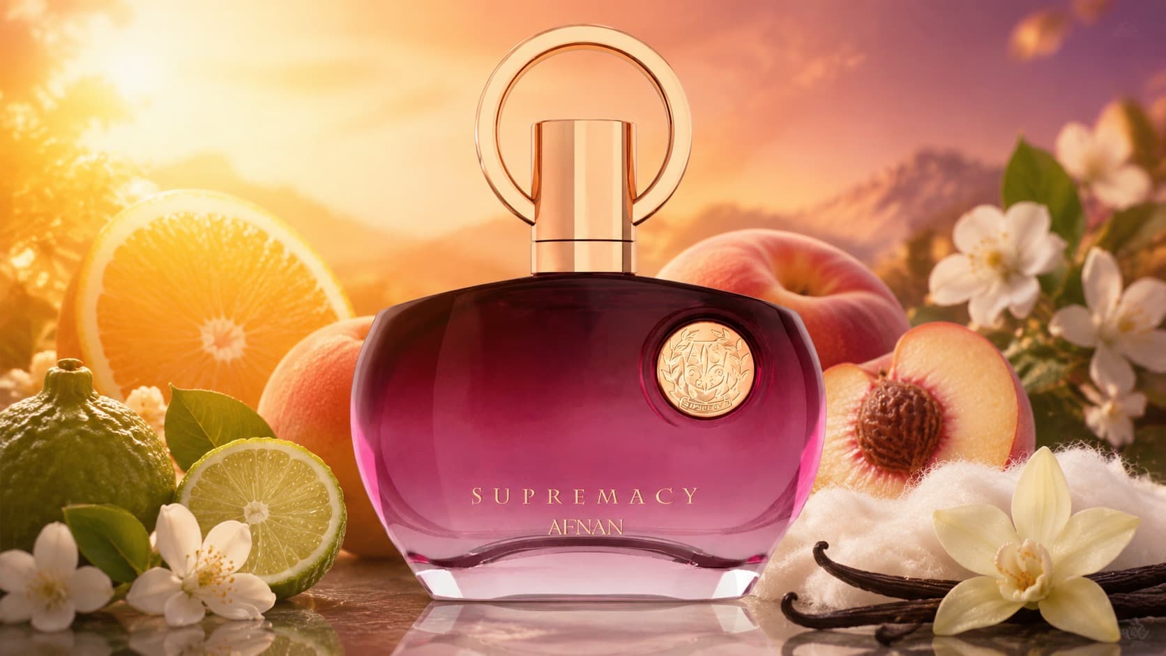 Afnan Supremacy Purple bottle with orange, peach, and vanilla