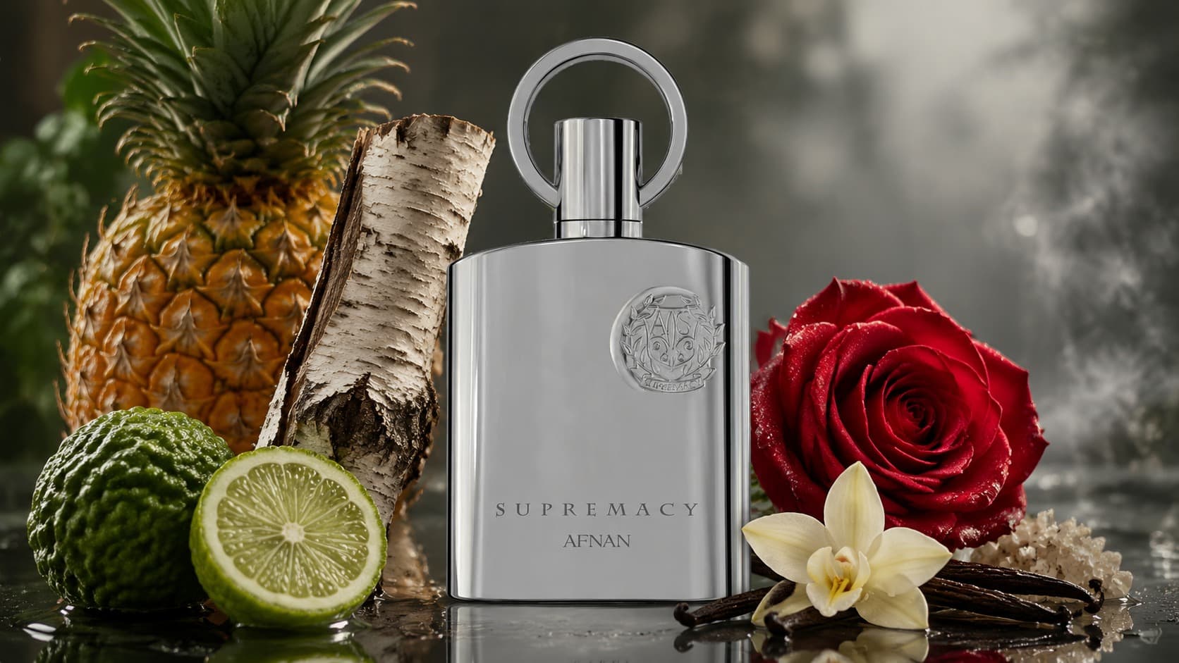 Afnan Supremacy Silver bottle with pineapple, rose, and vanilla