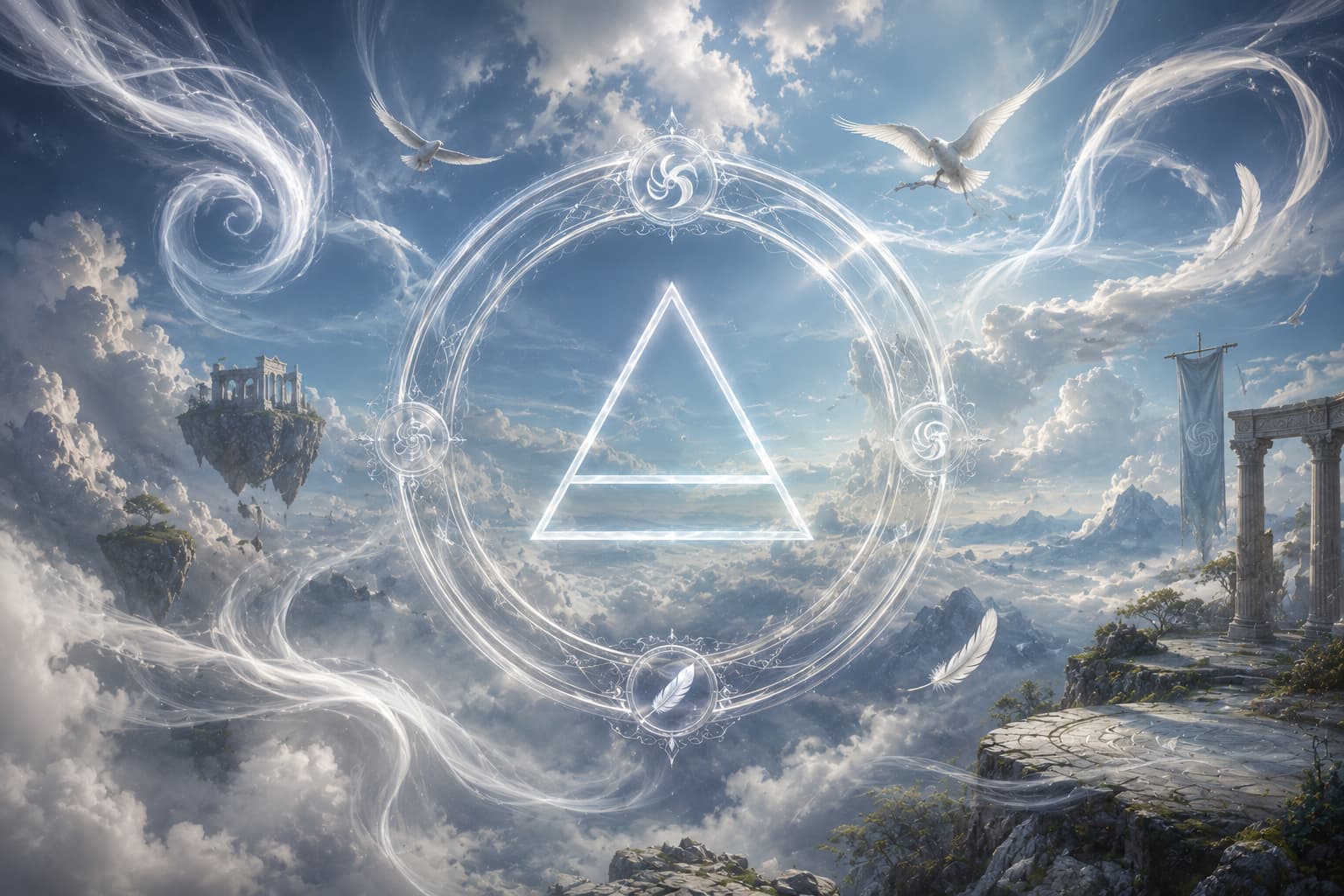 Air element zodiac symbol glowing above clouds and floating mountains
