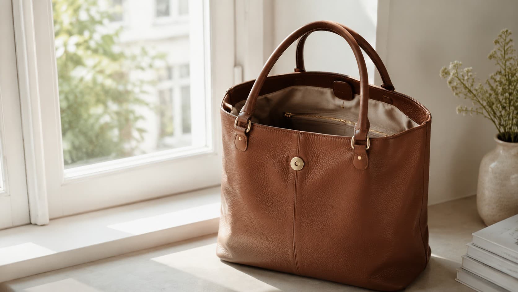Leather handbag with open lining airing out near a window