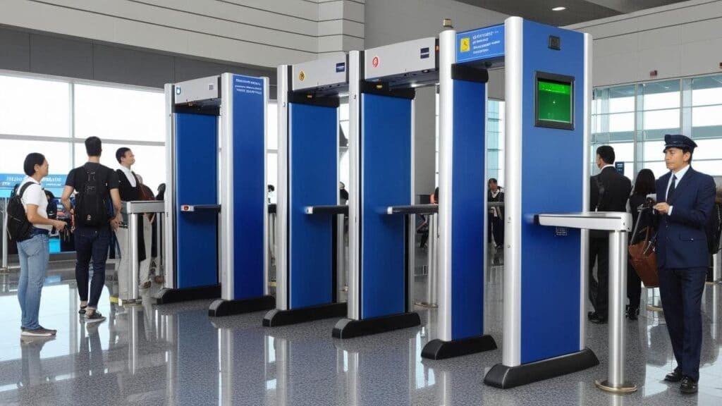 Airport security metal detectors where passengers walk through TSA screening checkpoints that detect jewelry and metal objects during travel security process