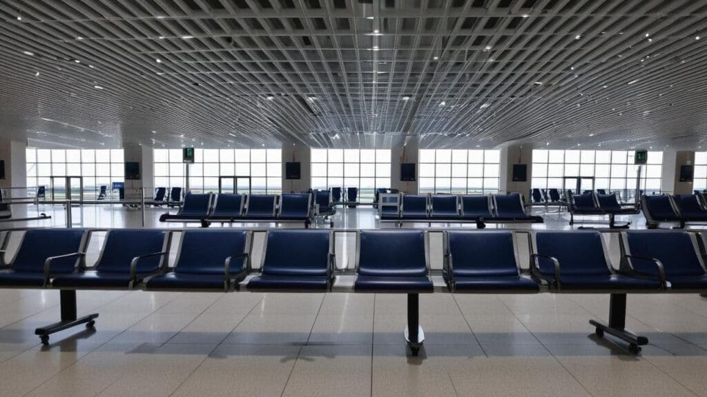 Airport terminal departure lounge seating where passengers wait with their jewelry and valuables after successfully clearing TSA security metal detector screening