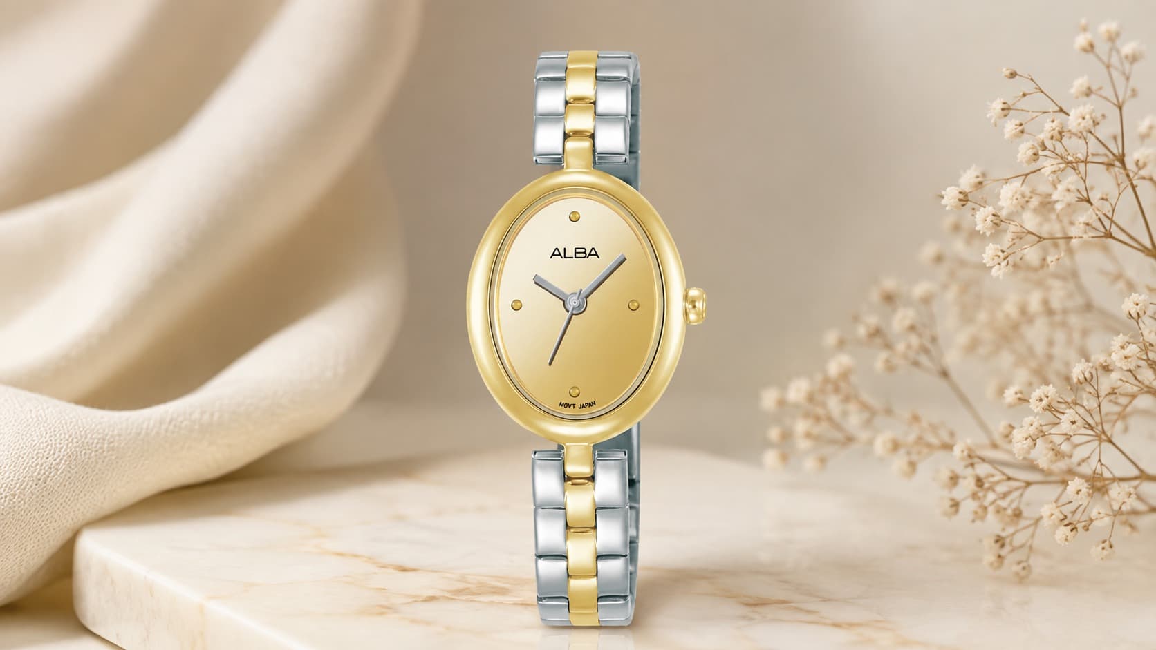 Alba AH8920X1 gold-tone oval women's watch with two-tone stainless steel bracelet