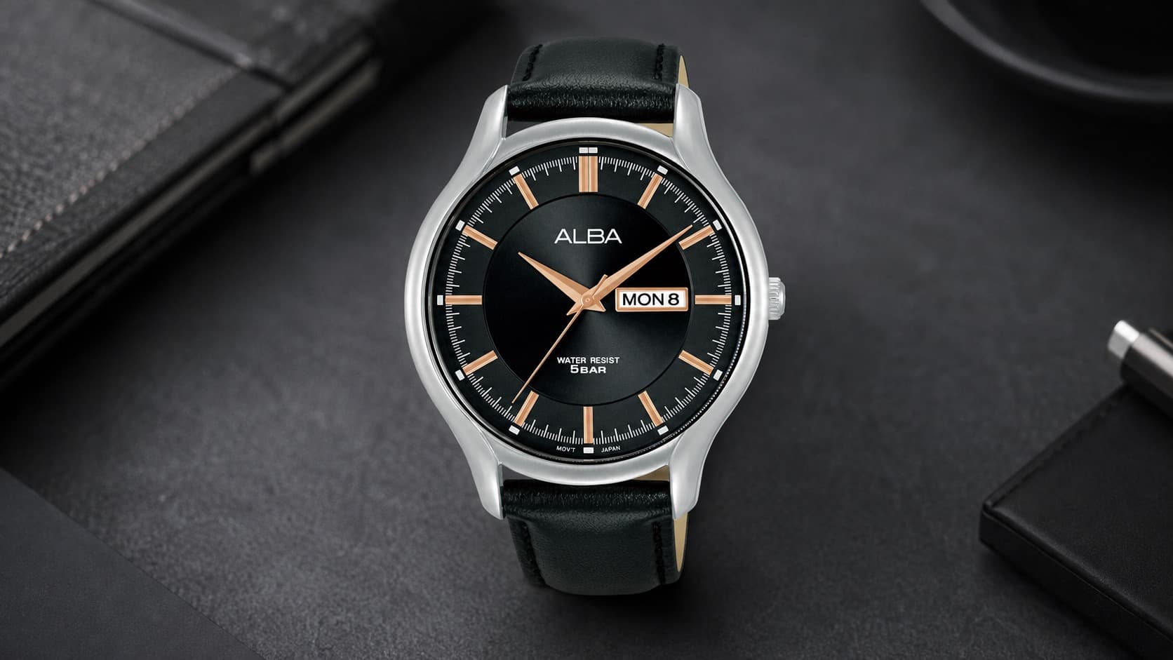Alba AV3571X1 men's watch with black dial, rose gold hour markers, and black leather strap