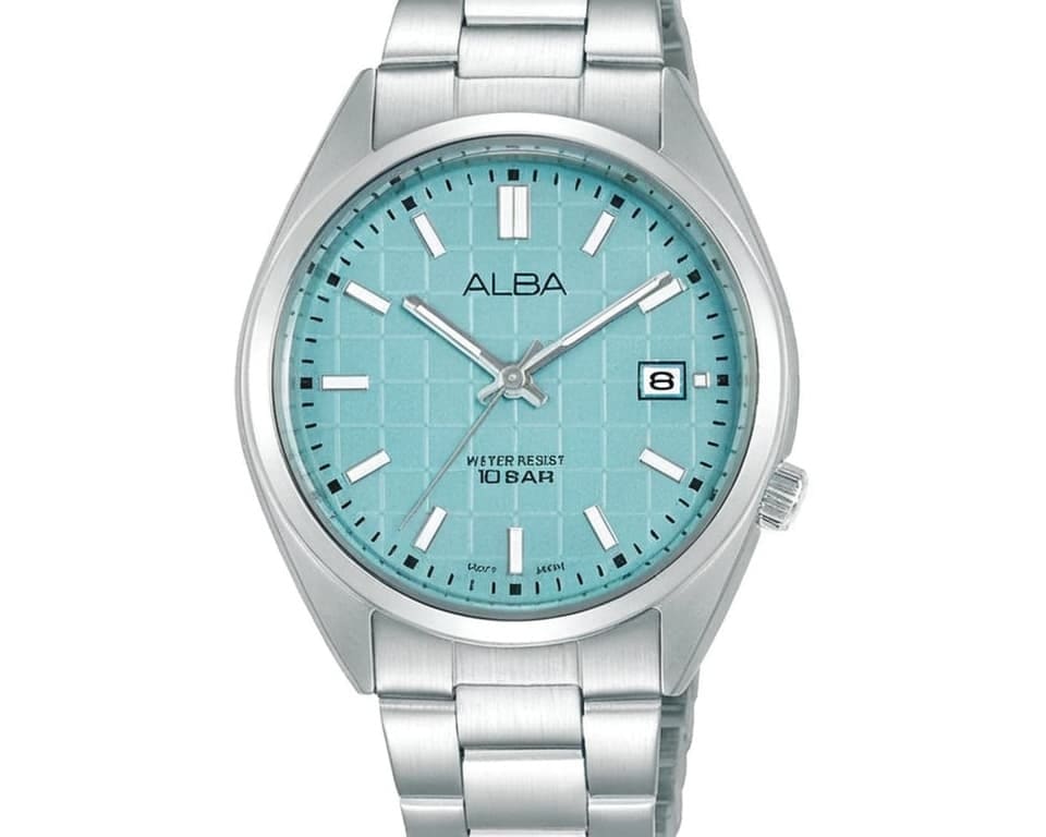 Alba stainless steel watch with turquoise checkered dial and date window