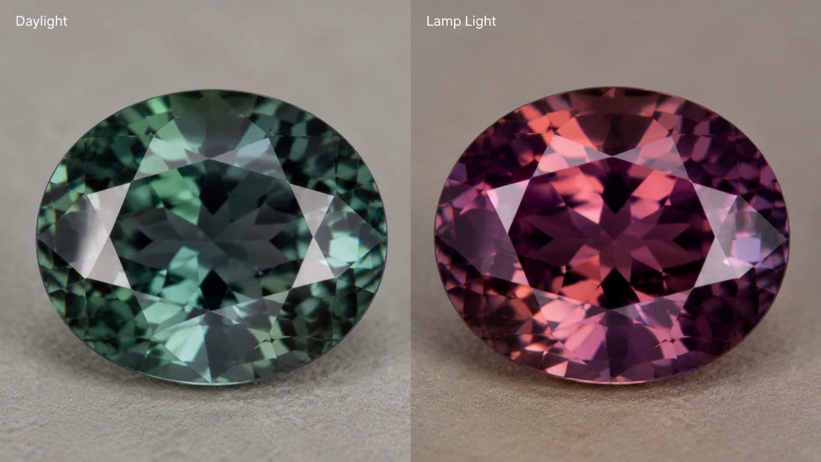 Alexandrite gemstone showing color change from green in daylight to purplish-red under lamp light