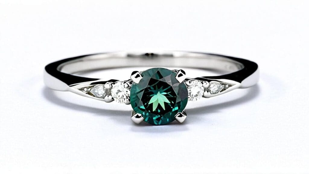 White gold engagement ring featuring round-cut alexandrite center stone with diamond accents