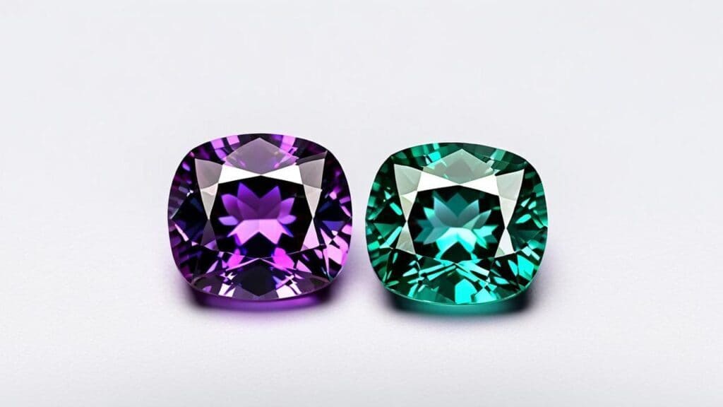 Two cushion-cut alexandrite gemstones showing dramatic color change from green to purple in varying light