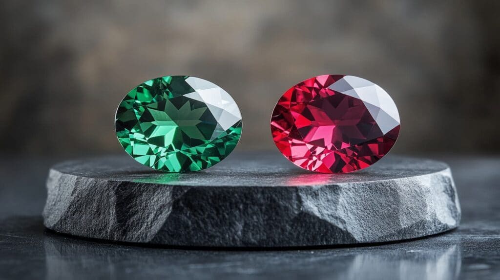 A pair of oval-cut Alexandrite gemstones, one showcasing green under daylight and the other red under incandescent light, displayed on a gray stone pedestal.