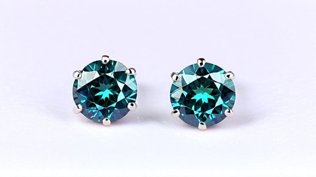 Round-cut alexandrite stud earrings showing teal hues in a classic prong setting