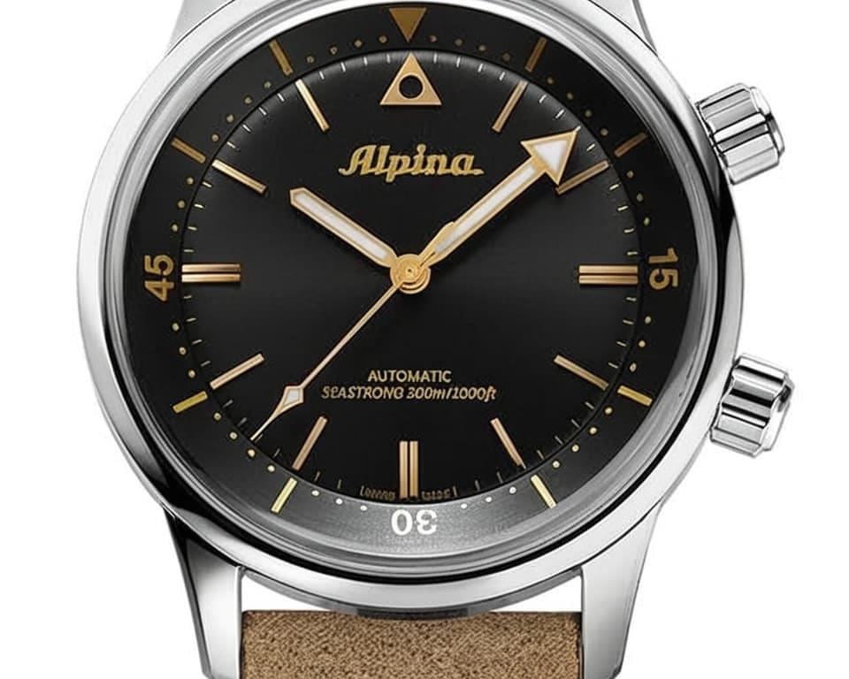 Alpina Seastrong diver with black-gold dial, arrow hand and dual crowns