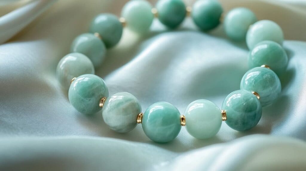 A delicate Amazonite beaded bracelet with gold accents, elegantly displayed on soft satin fabric, highlighting its soothing green-blue tones.