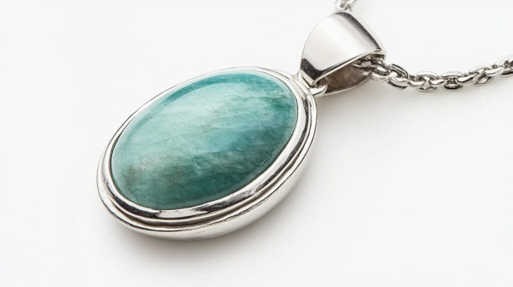 A close-up of an oval Amazonite pendant set in a silver frame with a matching chain, showcasing the stone's natural blue-green color.