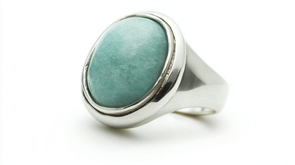 A bold silver ring featuring an oval Amazonite gemstone, with a smooth polished finish that enhances the stone’s natural beauty.