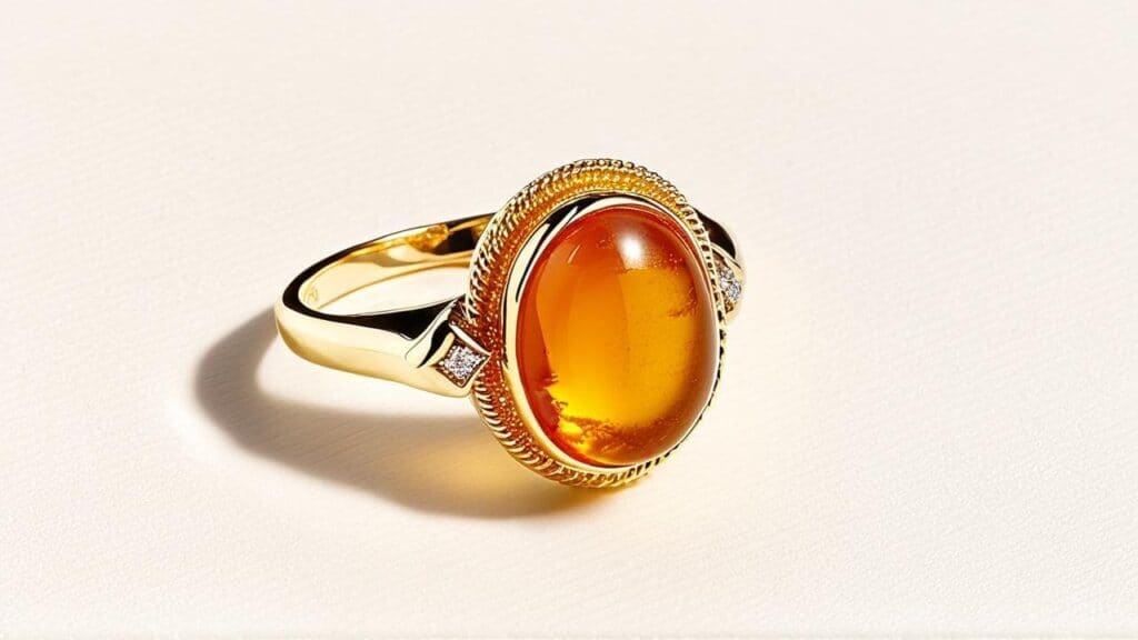 Polished amber gemstone set in a gold ring with side diamond accents, highlighting fossilized resin used in organic gemstone jewelry.