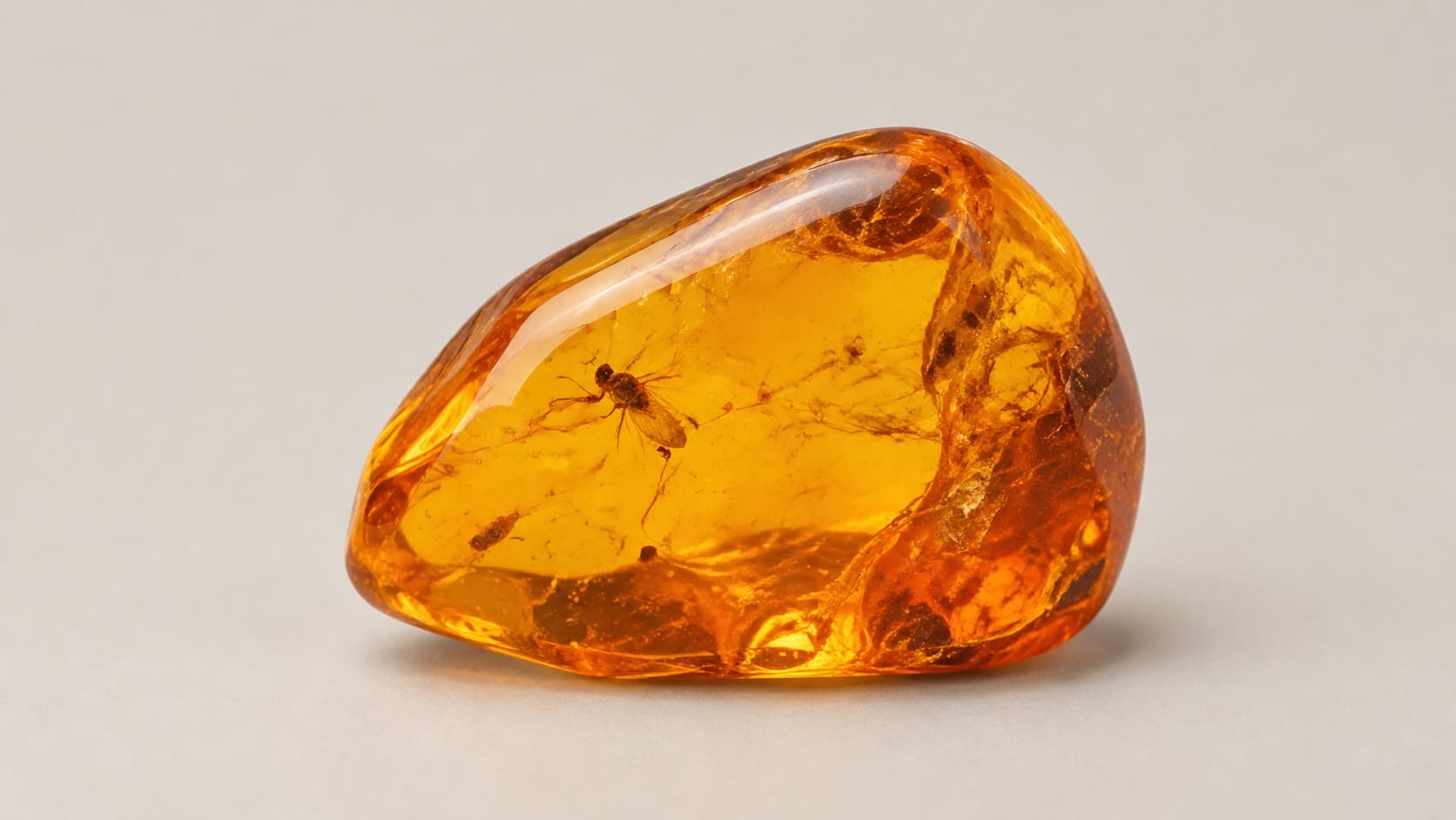 Close-up of fossilized amber showing a fly and insect fragments preserved inside the stone