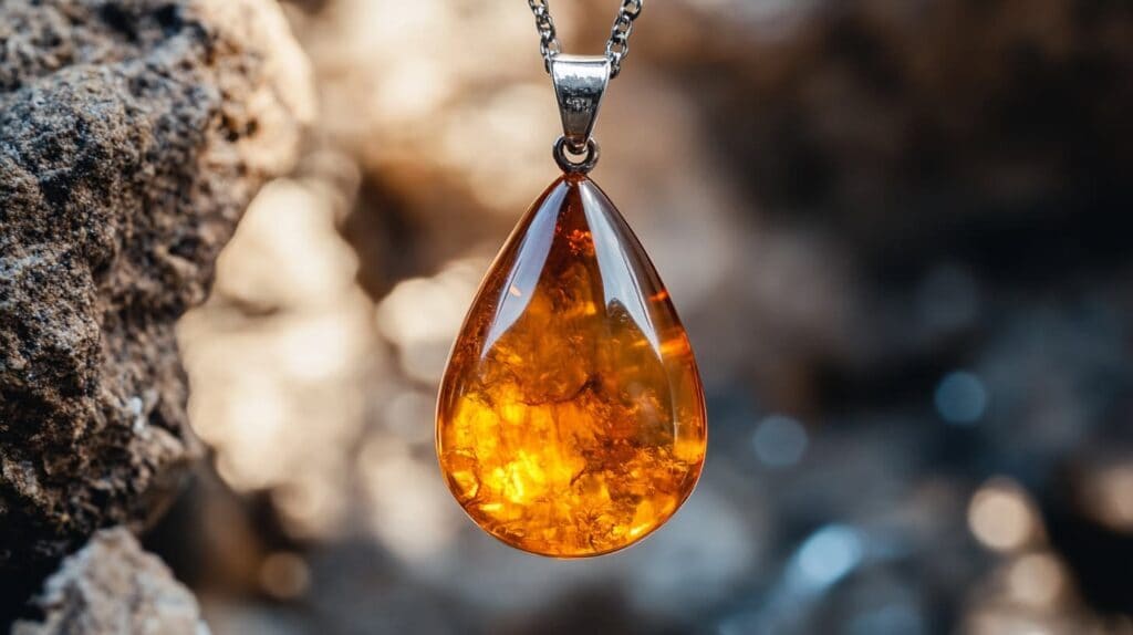 Teardrop-shaped amber pendant necklace with visible inclusions, hanging against a natural rocky background.