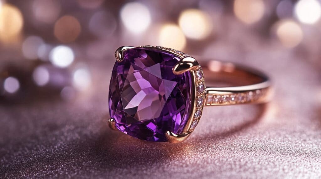 A stunning cushion-cut amethyst ring set in a rose gold band with diamond accents, against a sparkling background.