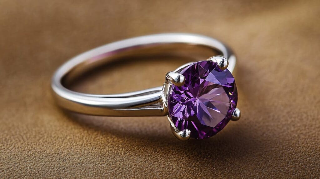 Elegant round-cut amethyst engagement ring set in a silver band, displayed on a brown surface.