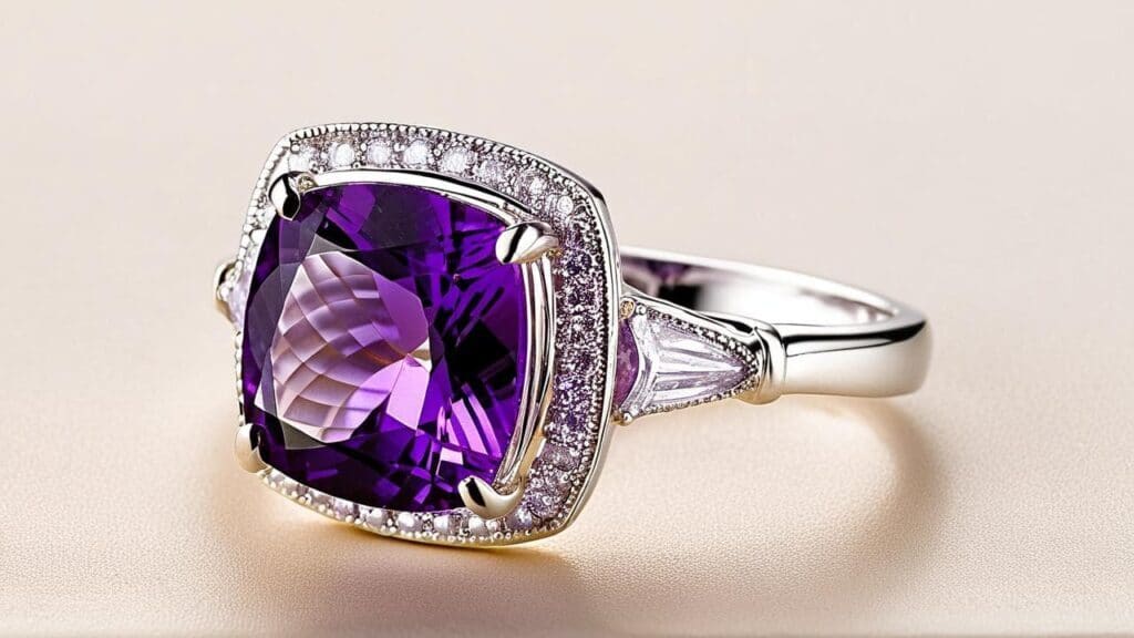 Elegant silver ring featuring a cushion-cut amethyst gemstone surrounded by small diamonds, showcasing affordable gemstone jewelry in purple tones.