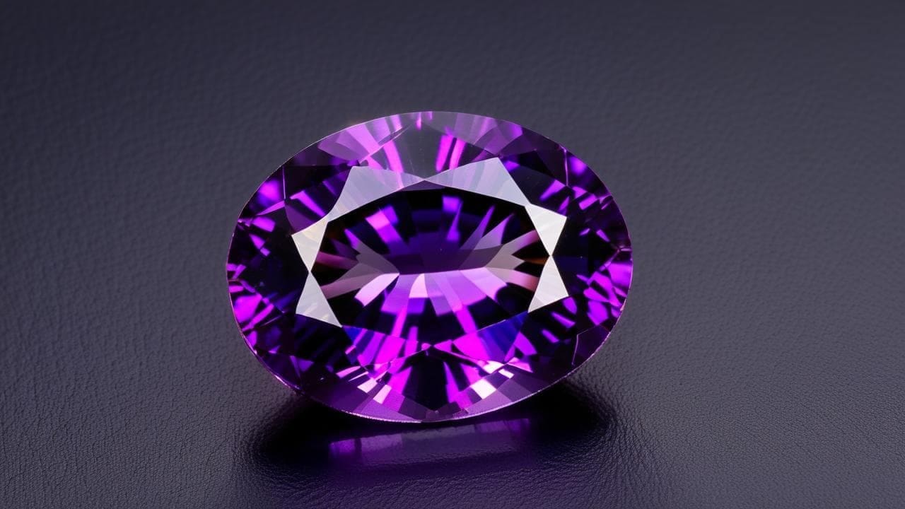 Oval faceted amethyst glowing purple on a dark grey surface