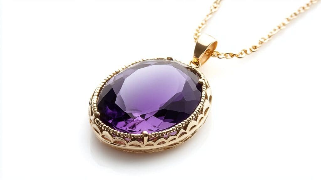 Close-up of an oval-cut amethyst gemstone set in an intricate gold pendant necklace on a white background.