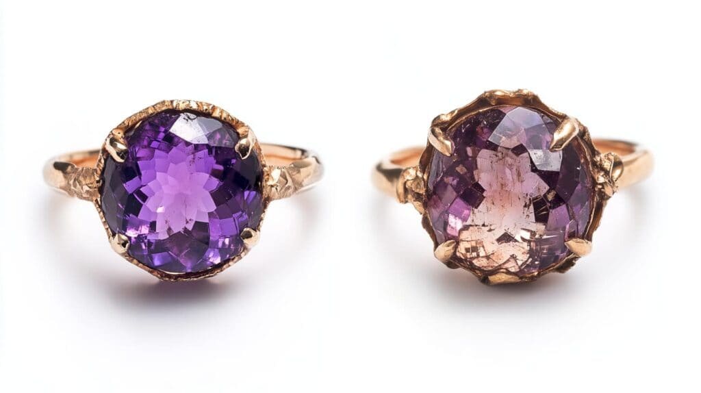 Side-by-side comparison of an amethyst ring before and after UV exposure, showing how prolonged sunlight can cause gemstones to fade and lose their original color.
