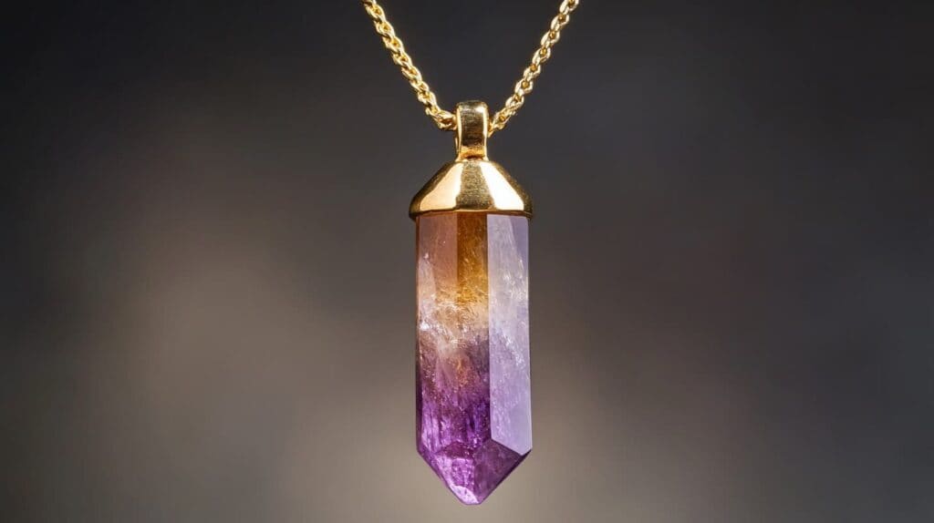 Raw-cut ametrine crystal pendant with a gold cap and chain, highlighting the natural blend of purple and yellow quartz hues.