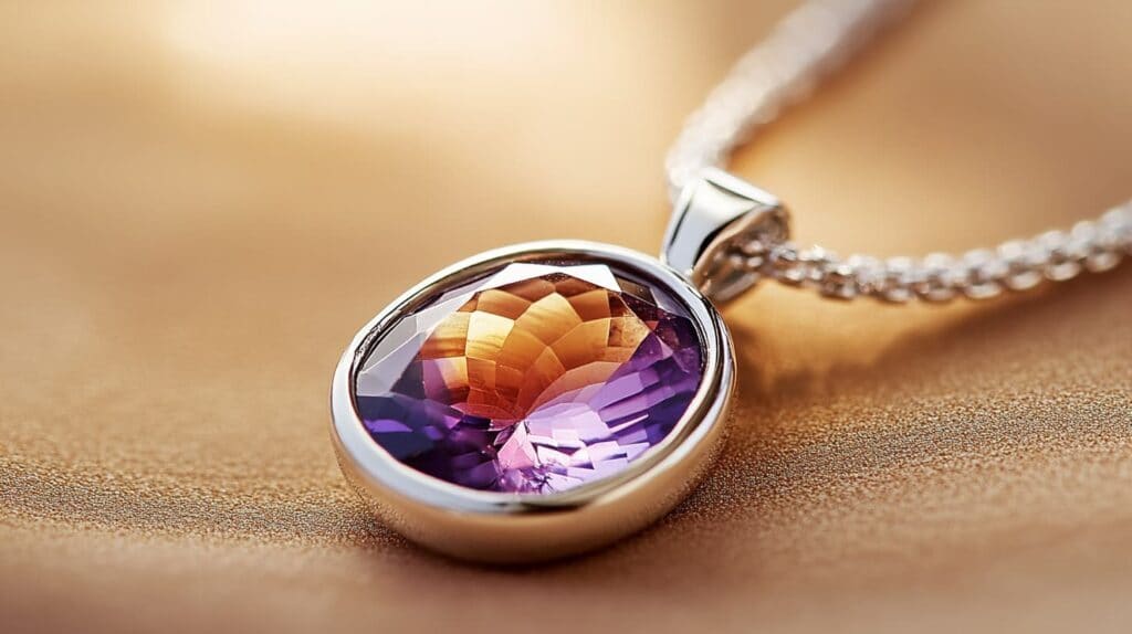 Oval-cut ametrine gemstone pendant set in silver, showcasing the beautiful transition between purple and golden-yellow colors.