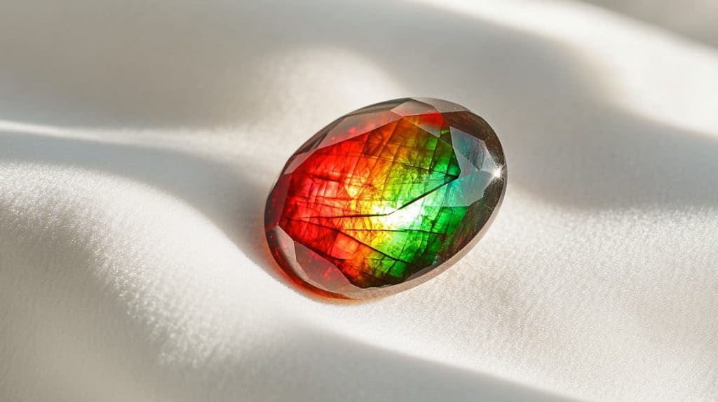 A polished oval-shaped ammolite gemstone resting on soft white fabric, highlighting its radiant red, green, and yellow color play.