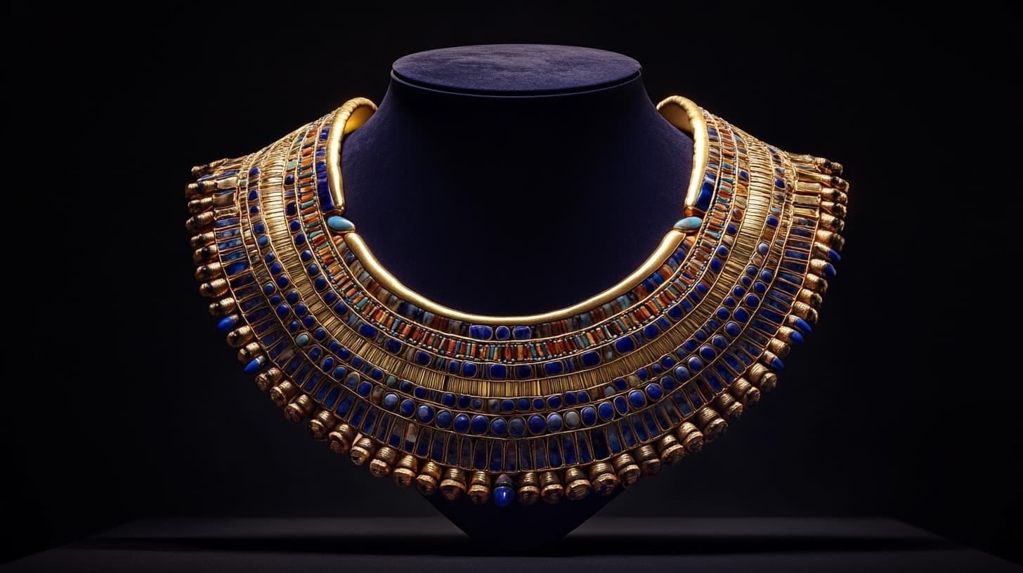 Egyptian broad collar necklace of gold, lapis lazuli and turquoise beads on a display bust