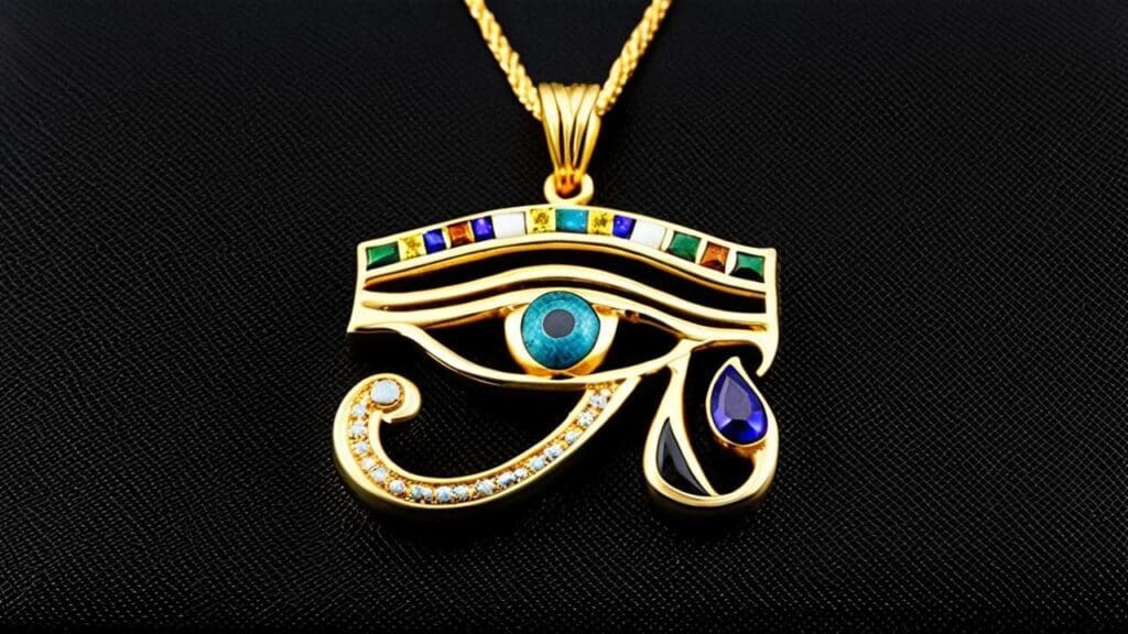 A gold Eye of Horus pendant with colorful gemstone inlays, representing protection, healing, and royal power in ancient Egyptian culture.