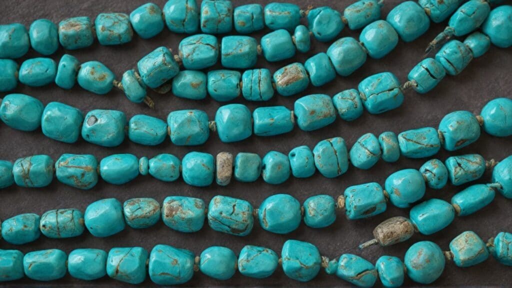 Close-up of ancient Egyptian faience beads in vibrant blue-green color, strung together on worn thread, showcasing natural cracks and variations in glaze.