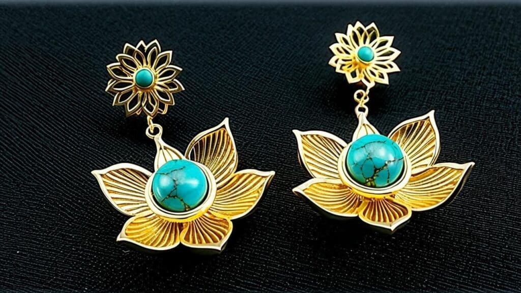 A pair of ancient Egyptian-inspired gold earrings featuring turquoise and lotus flower motifs, symbolizing rebirth and the sun.