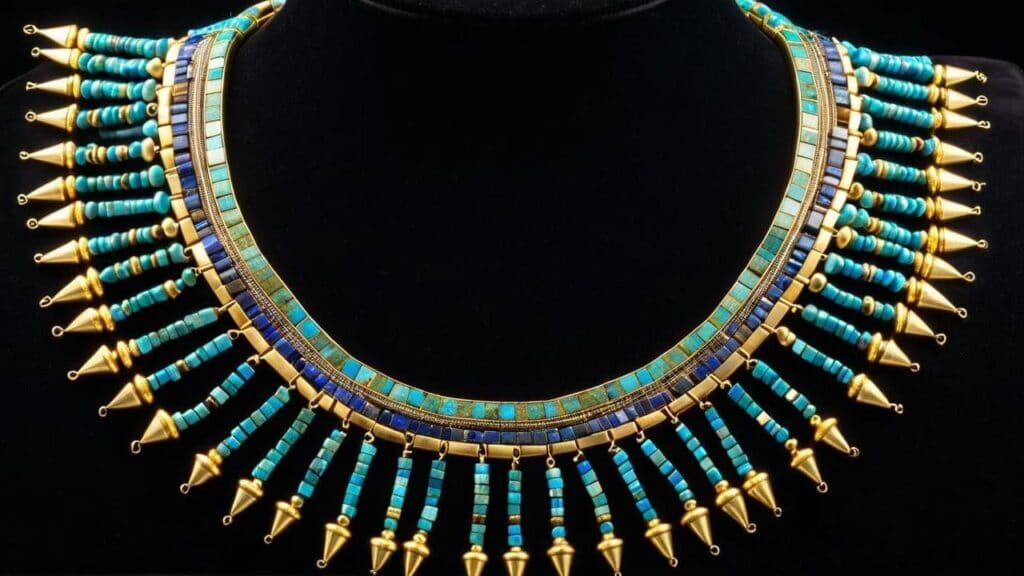 A traditional ancient Egyptian wesekh collar necklace made of gold, turquoise, and lapis lazuli beads, symbolizing status and divine protection.