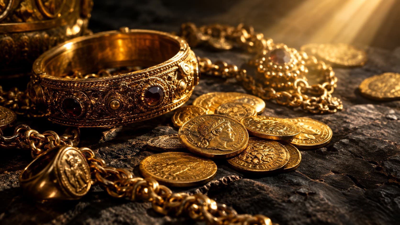 Ancient gold jewelry, rings, and coins symbolizing centuries of myths and cultural meaning behind gold