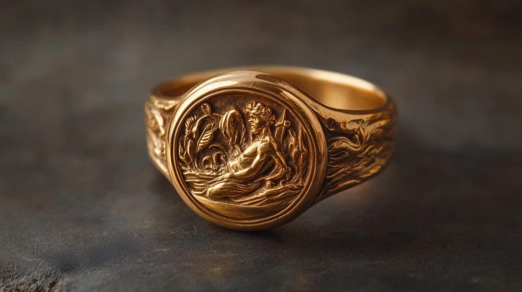 An ancient Greek gold signet ring featuring an engraved mythological scene, showcasing classical craftsmanship and artistic detail.