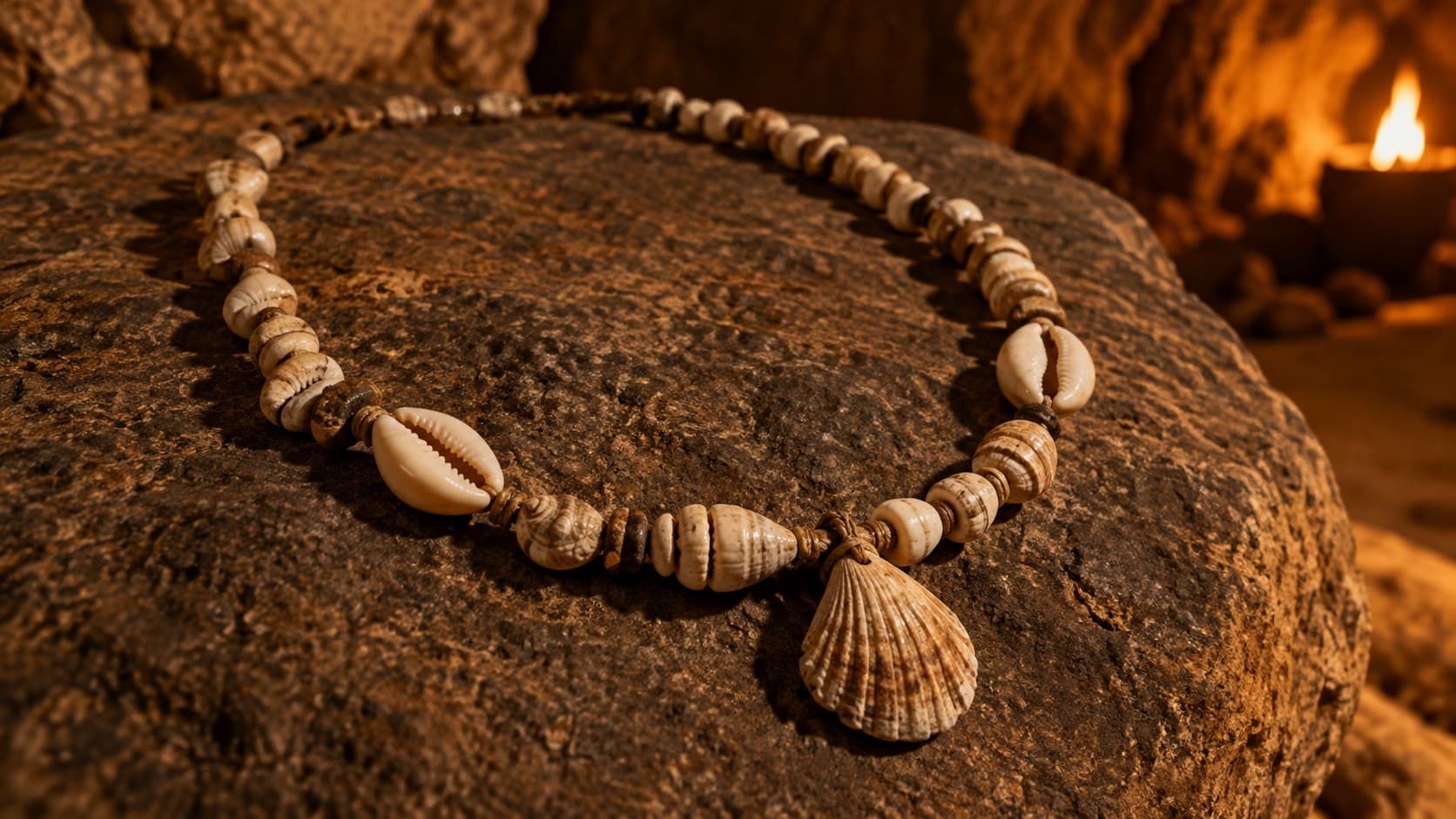 Ancient shell bead necklace with cowrie shells on rock in a cave