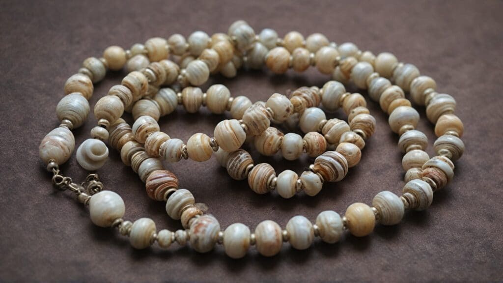 Ancient shell bead necklaces and primitive jewelry laid out on stone surface, showing 150,000-year-old archaeological discoveries from early human civilizations