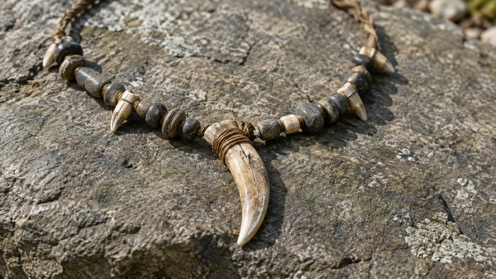 Prehistoric necklace with a large tooth pendant and stone beads on rock