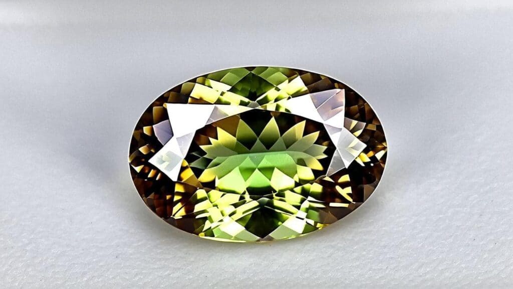 Faceted andalusite gemstone displaying strong pleochroism with green and reddish-brown colors