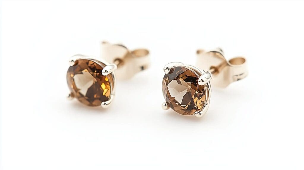 Pair of Andalusite stud earrings in gold prong settings, displaying warm reddish-brown hues with a brilliant cut.